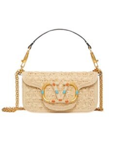 SMALL VALENTINO GARAVANI LOCÒ RAFFIA SHOULDER BAG WITH JEWEL LOGO