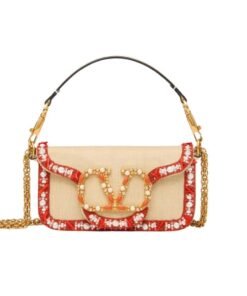 SMALL VALENTINO GARAVANI LOCÒ RAFFIA SHOULDER BAG WITH EMBROIDERED TRIM