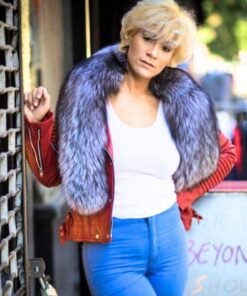 WOMEN LEATHER RED BIKER RIBBLES WITH SLIVER FOX FUR