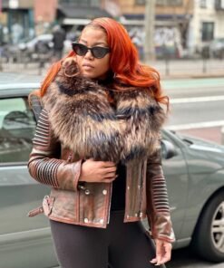 WOMEN LEATHER- WAX BLUE BIKER RIBBLES WITH MIX BLUE FOX FUR