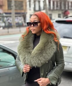 WOMEN LEATHER- OLIVE GREEN BIKER RIBBLES WITH FOX FUR