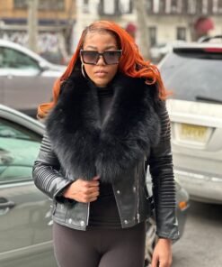 WOMEN LEATHER- BLACK BIKER RIBBLES WITH BLACK FOX FUR
