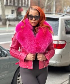 WOMEN LEATHER- PINK RIBBLES WITH PINK FOX COLLAR