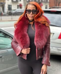 WOMEN LEATHER- BURGUNDY BIKER RIBBLES WITH BURGUNDY FOX FUR