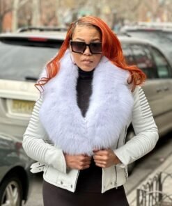WOMEN LEATHER WHITE RIBBLES WITH WHITE FOX COLLAR