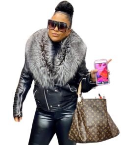 WOMEN LEATHER BLACK BIKER RIBBLES WITH SLIVER FOX FUR