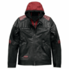 DONHILL HOODIE DISTRESSED HARLEY DAVIDSON MEN’S BLACK & RED BIKER MOTORCYCLE GENUINE LEATHER JACKET