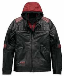 DONHILL HOODIE DISTRESSED HARLEY DAVIDSON MEN’S BLACK & RED BIKER MOTORCYCLE GENUINE LEATHER JACKET