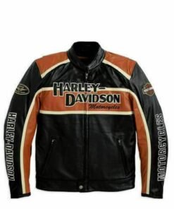 GENUINE MEN’S HARLEY DAVIDSON CLASSIC BLACK & ORANGE BIKER LEATHER JACKET