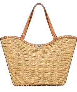 VALENTINO ROCKSTUD WOVEN RAFFIA SHOPPING BAG