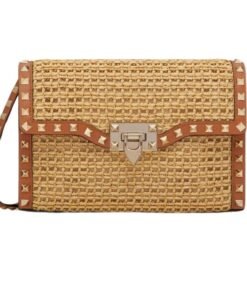 VALENTINO SMALL ROCKSTUD SHOULDER BAG IN WOVEN RAFFIA