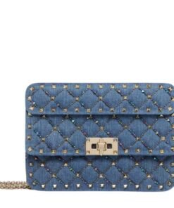 VALENTINO GARAVANI SMALL ROCKSTUD SPIKE EMBROIDERED DENIM BAG
