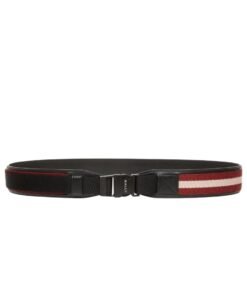 BALLY TOBYN 40MM BELT IN RED,WHITE AND BLACK FABRIC AND LEATHER
