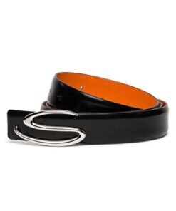 SANTONI MEN’S POLISHED BLACK LEATHER S BUCKLE BELT