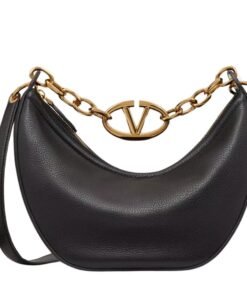 VALENTINO GARAVANI SMALL VLOGO MOON HOBO BAG IN GRAINY CALFSKIN WITH CHAIN