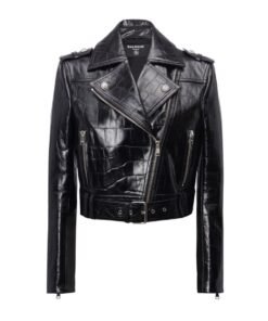 BALMAIN CROCODILE EFFECT LEATHER BIKER JACKET