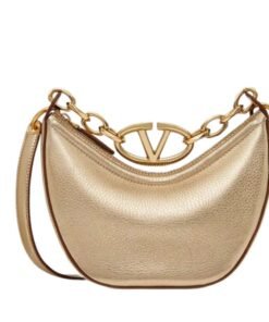 VALENTINO GARAVANI VLOGO MOON MINI HOBO BAG IN METALLIC CALFSKIN WITH CHAIN
